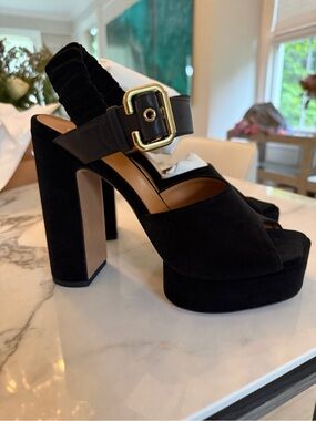 Chloe Black Suede Platform Block Heel Sandals with Gold Buckle